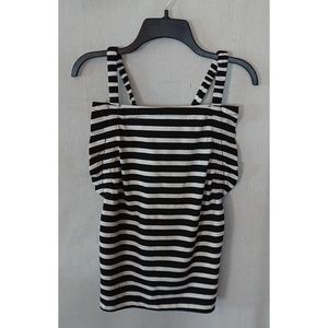 Free Assembly Black and White Striped Shirred Criss Cross Back Flounce Top